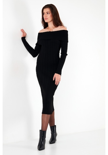 Lela Premium Fitilli Carmen Yaka Slim Fit Midi Boy Triko Bayan Elbise 680El00033 Siyah