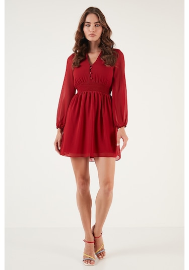 Lela V Yaka Regular Fit Gipeli Düğme Detaylı Şifon Mini Bayan Elbise 611El01433 Kırmızı Lela V Yaka Regular Fit Gipeli Düğme Detaylı Şifon Mini Bayan Elbise 611El01433 Kırmızı