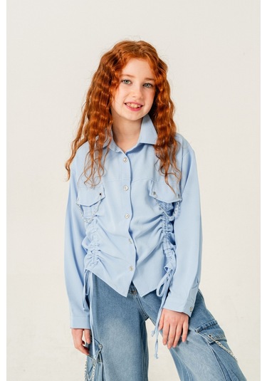 Kız Çocuk Önü Tünelli Cebi Zincirli Gömlek 3147 Mavi