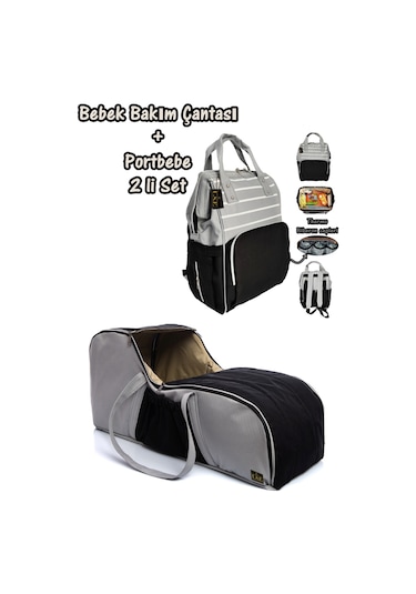 U.S.F Fonksiyonel Bebek Bakım Sırt Çantası + Portbebe Ana Kucağı Puset Çizgili Gri - Siyah