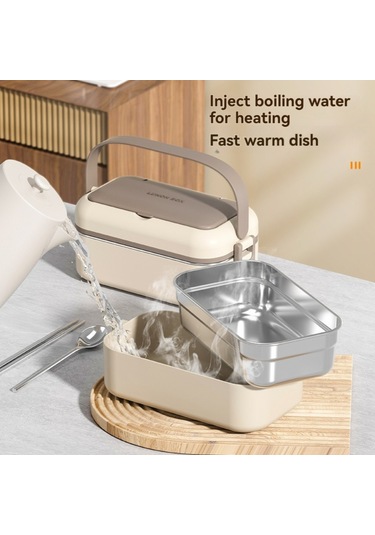 Xindoker 304 Paslanmaz Çelik Çift Katlı Isı Tutucu Yemek Kutusu, Su Enjeksiyonu İle Isınabilir, Sıvı Geçirmez, Çatal Kaşık Dahil, Kahverengi