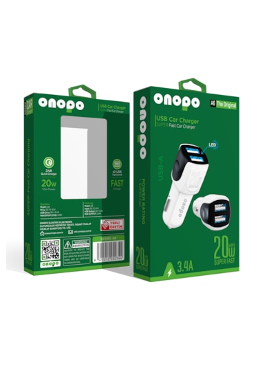 Onopo 3.4a Çift Usb Çıkışlı Hızlı Araç Şarjı 20w - A6