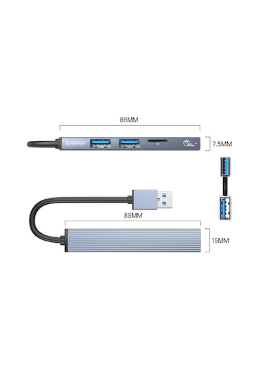 Orico 3 Portlu USB 3.0 Çoklayıcı TF Micro SD Kart Okuyucu Hub Alüminyum