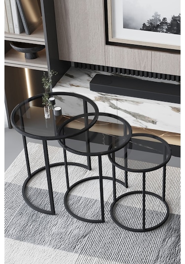 3'lü C Zigon Sehpa Siyah Ayak Şeffaf Füme Cam