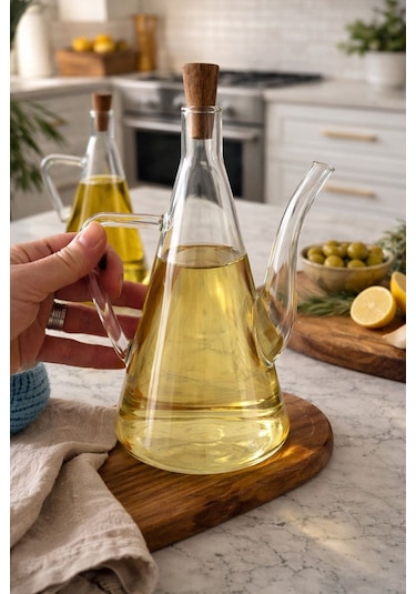 Qerhome Akasya Stantlı Borosilikat Cam Akasya Kapak Glazzy Yağlık Seti 500 Ml + 500 Ml Düz Şeffaf