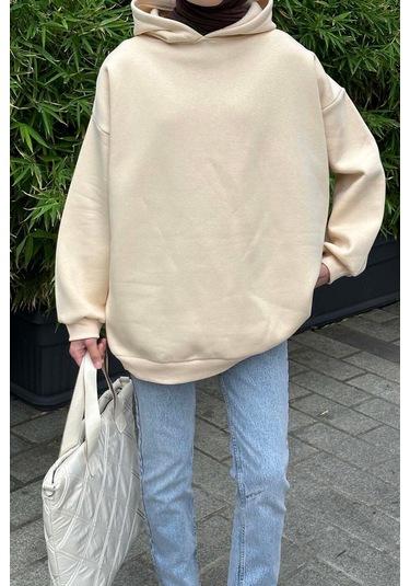 Kapüşonlu Salaş Sweatshirt Krem