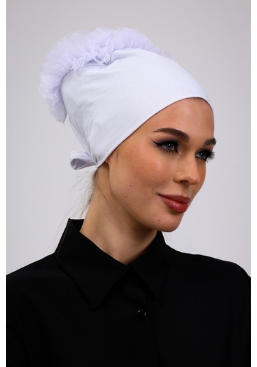 Kaymayan Fırfırlı Silikonlu Dikişsiz Bone Beyaz - Kaymaz Kadın Tesettür Bağlamalı İç Bone Beyaz