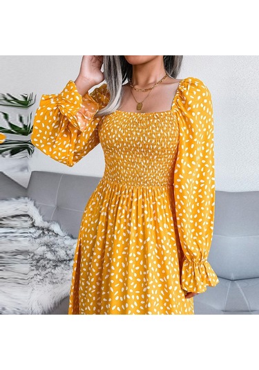 Sonbahar Kış Kare Yaka Uzun Kollu A Line Pileli Baskılı Uzun Elbise S-xl Kırmızı