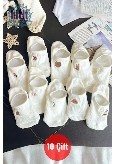 Kadın 10 Çift Premium Çiçek Ve Hayvan Desenli Görünmez Babet Çorap Şeker Beyazı ASORTİ