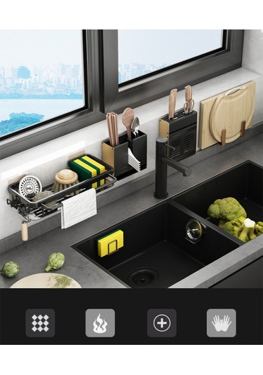 Geeroyoo Çok Amaçlı Banyo Askılığı: Paslanmaz Çelik Duvar Montajlı Lavabo Organizatörü 30.5x13x5.5cm Siyah