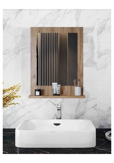 Safir Stil 60x45 Atlantik Çam Raflı Banyo Aynası Kahverengi