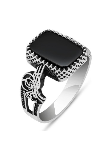 Siyah Oniks Taşlı Tuğra Motifli 925 Gümüş Erkek Yüzük Beyaz
