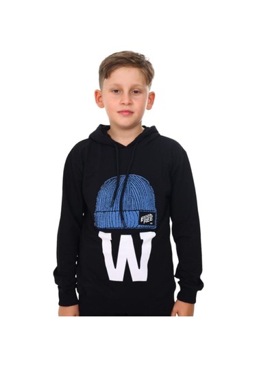 Çocuk Bere Baskılı Ve İşlemeli Kapüşonlu Sweatshirt-13410-siyah Siyah