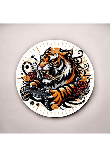 Renkli Baskı Karikatürize Gamer Kaplan Desenli Sayılı Hediyelik Ahşap Sessiz Duvar Saati 50cm ÇOk Renkli