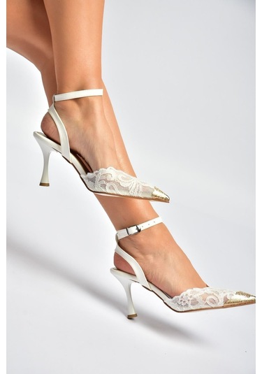 Fox Shoes Y752082806 Beyaz Dantel İnce Topuklu Kadın Ayakkabı