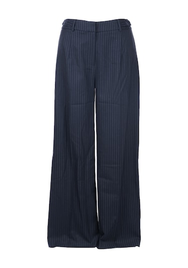 Unique Mode Minimalist Oversize Çizgili Kadın Pantolon - Yüksek Bel Geniş Paça Lacivert