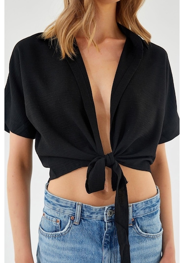 4230 Kadın Bağlamalı Yazlık Keten Gömlek Siyah Siyah