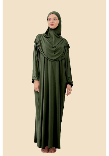 Tek Parça Tesettür Namaz Elbisesi Tak Çıkar Başörtülü Organik Pamuklu Lastikli Kolu Kaymaz Penye Haki
