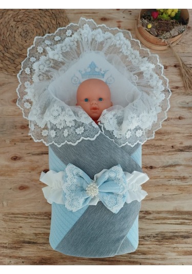 Triko Przm Haki Bebek Kundağı Unisex Bebek Dış Kundak Battaniyesi Hastane Çıkışı Kundak Battaniye Mavi