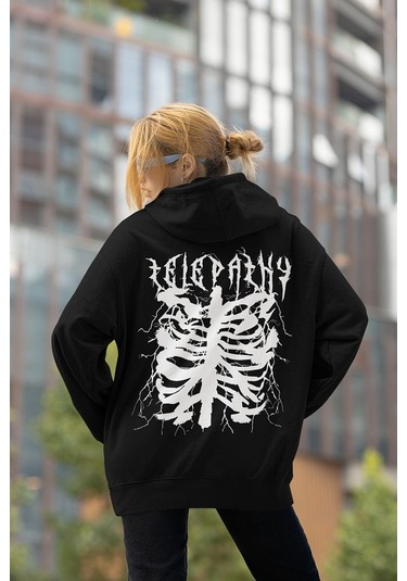 Sevbano Telepathy Baskılı Unisex Oversize Tasarım Hoodie Siyah