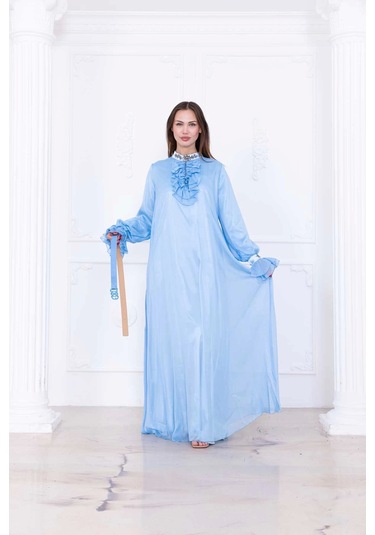 Yaka Fırfırlı Boncuk İşlemeli Şifon Abiye 2716-bebe Mavisi Bebe Mavisi Mavi