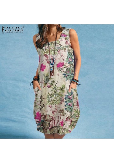 Lacivert Zanzea Kadın Günlük Çiçek Baskı Yaz O-boyun Kolsuz Elbise