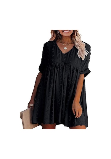 2024 Kadın Yaz Yeni Şifon Bol Kesim Büyük V Yaka Elbise Trendi Siyah