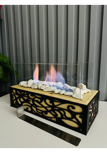 Esha Home Ahşap Masa Üstü Siyah Ahşap İşlemeli Bioethanol Şömine Sertifikalı Yakıt Ve Dekoratif Taş