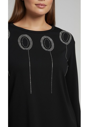 Taş Desenli Uzun Kollu Bambu Viskon Kumaş Bluz Siyah