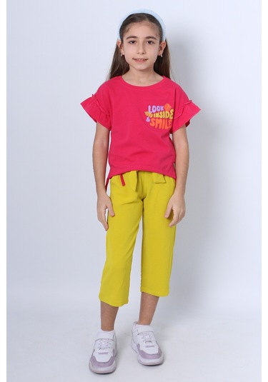 Kız Çocuk İkili Takım Sırt Baskılı Püsküllü Kolları Fıfırlı F20 Fuşya