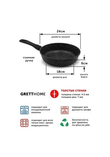 Grett Tava Klasik, 24 Cm, Kapaklı, Çıkarılabilir Sap 481011440 Siyah