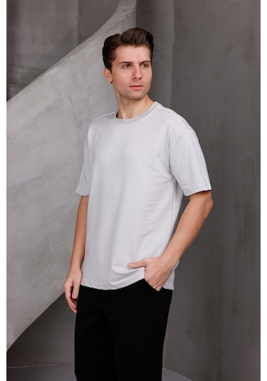 Erkek Şeritli Oversize Bisiklet Yaka 2 İki İplik Kompakt T-shirt Ekru