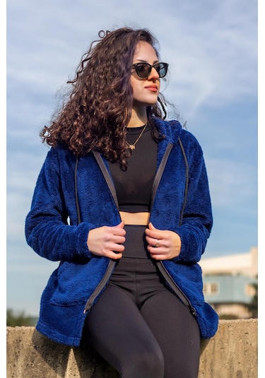 Kadın Saks Koyu Mavi Peluş Kalın Fermuarlı Kapüşonlu Cepli Ceket 23kcktmy50 001