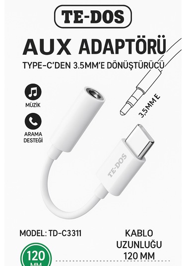 Td-c3311 Type-c Den 3.5mm E Aux Ses Adaptörü Yüksek Ses Kalitesi Müzik Arama Desteği Dayanıklı Kablo -