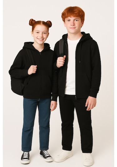 Giyicem G2025-3 Basic Fermuarlı Kapüşonlu Unisex Okul Sweatshirt - Siyah