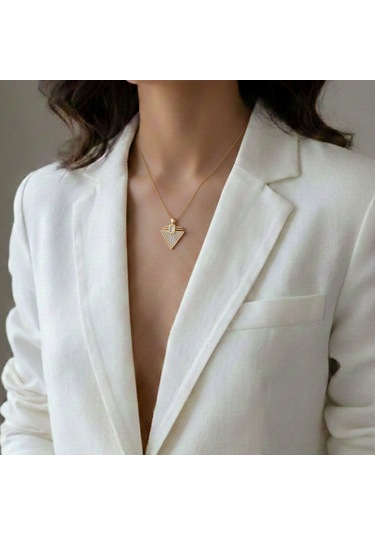 Lente Aksesuar Kadın Gold Çelik Zirkon Taşlı Geometrik Üçgen Tasarım Kolye Gold