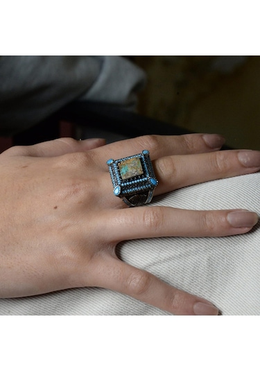 Doğal Turkuaz Taş Yüzük, Kare Tasarım - 925 Ayar Gümüş Erkek Yüzüğü, El Yapımı Şıklık Gümüş