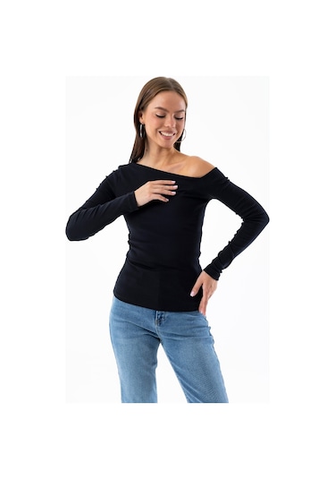 Giysa Kadın Asimetrik Yaka Uzun Kollu Basic Bluz Siyah - Ms0001283 Siyah