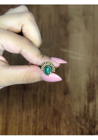 Doğal Taş Yeşil Akik Doğal Taşlı Antik Model Kadın Ayarlanabillir Yüzük Euy82ya Yeşil