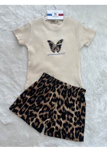 Kelebekli Fitili Badili Leopar Şortlu Takım Krem
