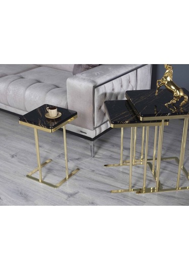 Zigon Sehpa & Yan Sehpa 3'lü Kare Sehpa Hıgh Gloos Mdf Siyah Gold İşleme