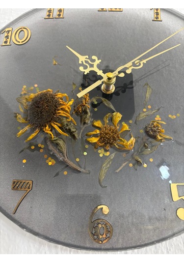 Ayçiçeği Temalı Gold Detaylı Epoksi Duvar Saati Özel Tasarım - Tek Üretim - 30 Cm Siyah