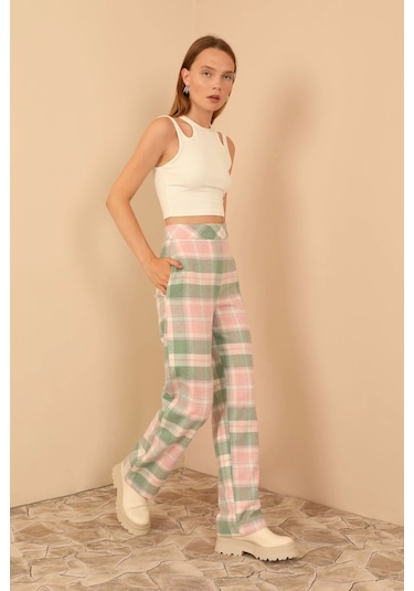 Saklımoda Ekose Kumaş Rahat Kalıp Kadın Pantolon-pembe Çok Renkli