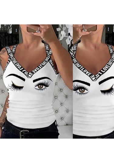 Ahes Shopping Kadın Çapraz Şeritli Göz Baskılı Viskon Bluz Beyaz