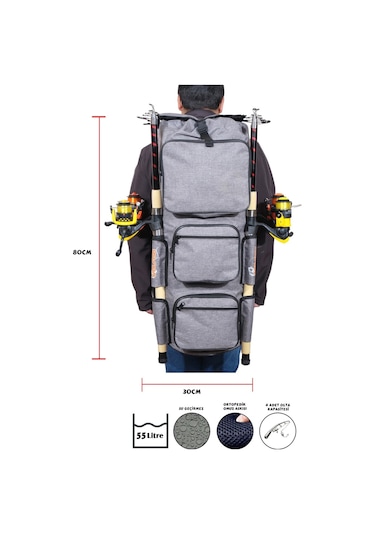 Wolfish Balıkçı Sırt Çantası Gri Büyük Boy 4 Olta Kapasiteli
