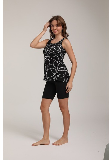 Chelly Kadın Desenli Askılı Taytlı Tankini S 5700 Siyah Siyah