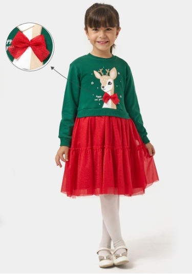 Kız Çocuk Happy New Year Geyik Baskılı Yeniyıl Elbisesi Nbk-24916 Yeşil