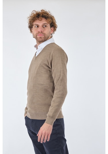De Blasıo V Yaka Uzun Kollu Bej-Melanj Erkek Kazak 222340020 Bej Melanj