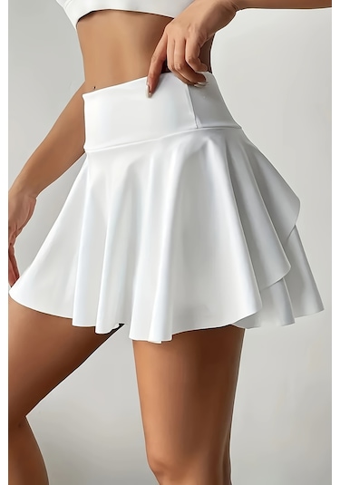 Merry See Esnek Likralı Bol Kesim Cepli Taytlı Sporcu Şort Etek - Tenis Eteği Beyaz