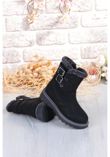 Fort Cool Buckle Anatomik Sıcak Astar Kaymaz Taban Kız Çocuk Çizme Siyah